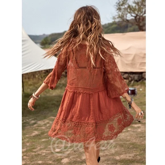Burnt Orange Lace Coverup Dress Tunic Bohemian Short - Picture 2 of 10